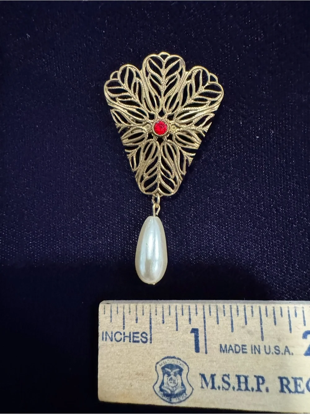 Gold Filigree Teardrop Pearl Brooch with Red Accent